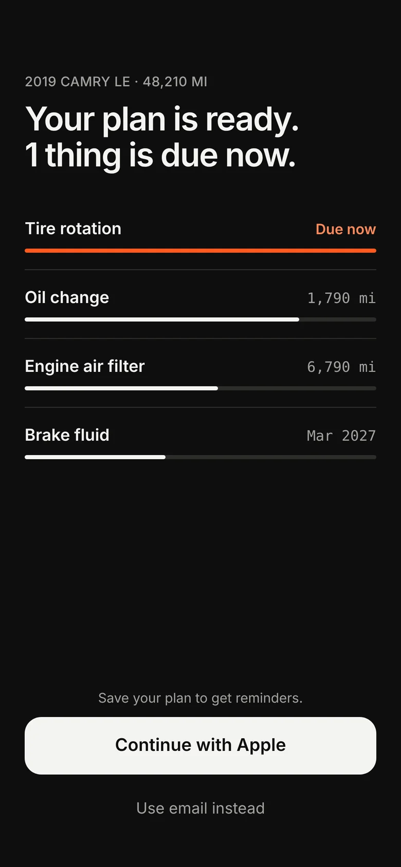 Your plan: tire rotation due now, oil change in 1,790 miles